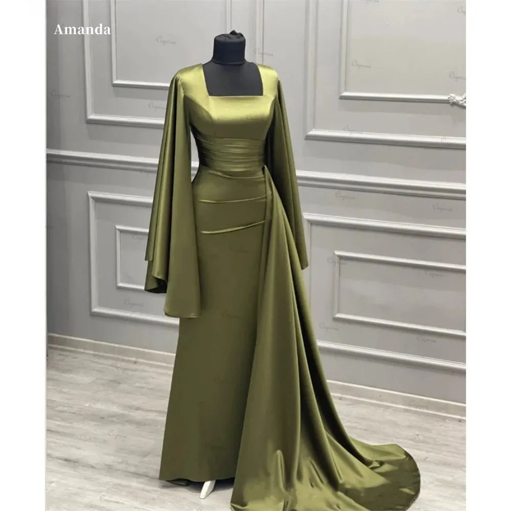 JazzHer Square Collar Pleats Long-Sleeve robes de soirée Evening Dresses Floor-Length Simple Formal Evening Mermaid Wedding Dress-(PRE-ORDER)