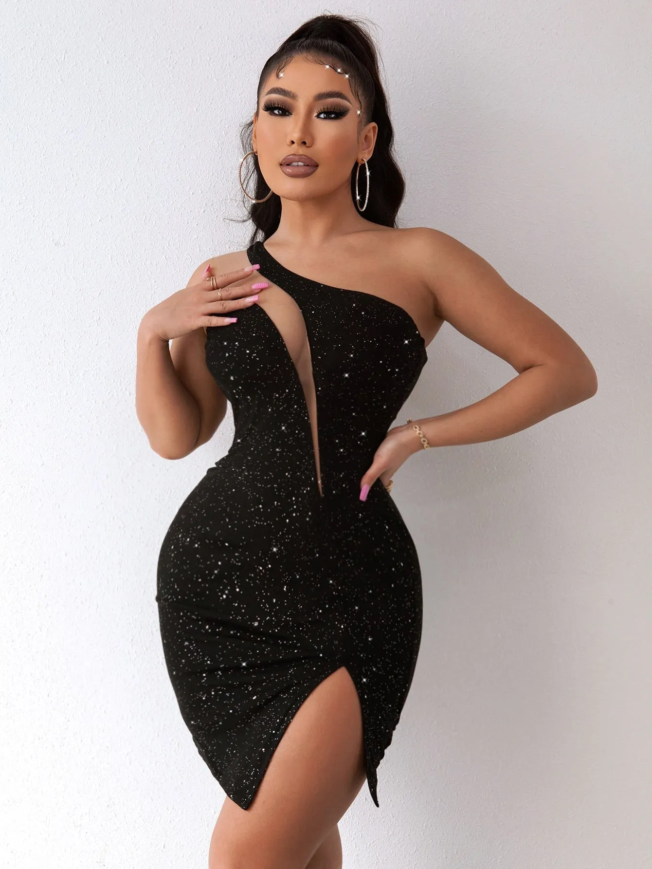 Joyfunear One Shoulder Mesh Insert Split Hem Sequin Bodycon Dress