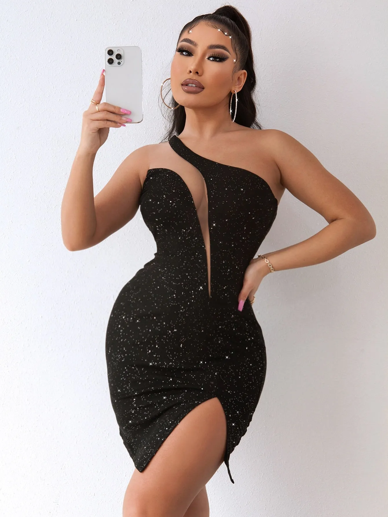 Joyfunear One Shoulder Mesh Insert Split Hem Sequin Bodycon Dress