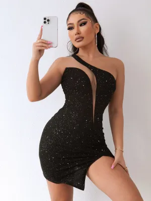 Joyfunear One Shoulder Mesh Insert Split Hem Sequin Bodycon Dress