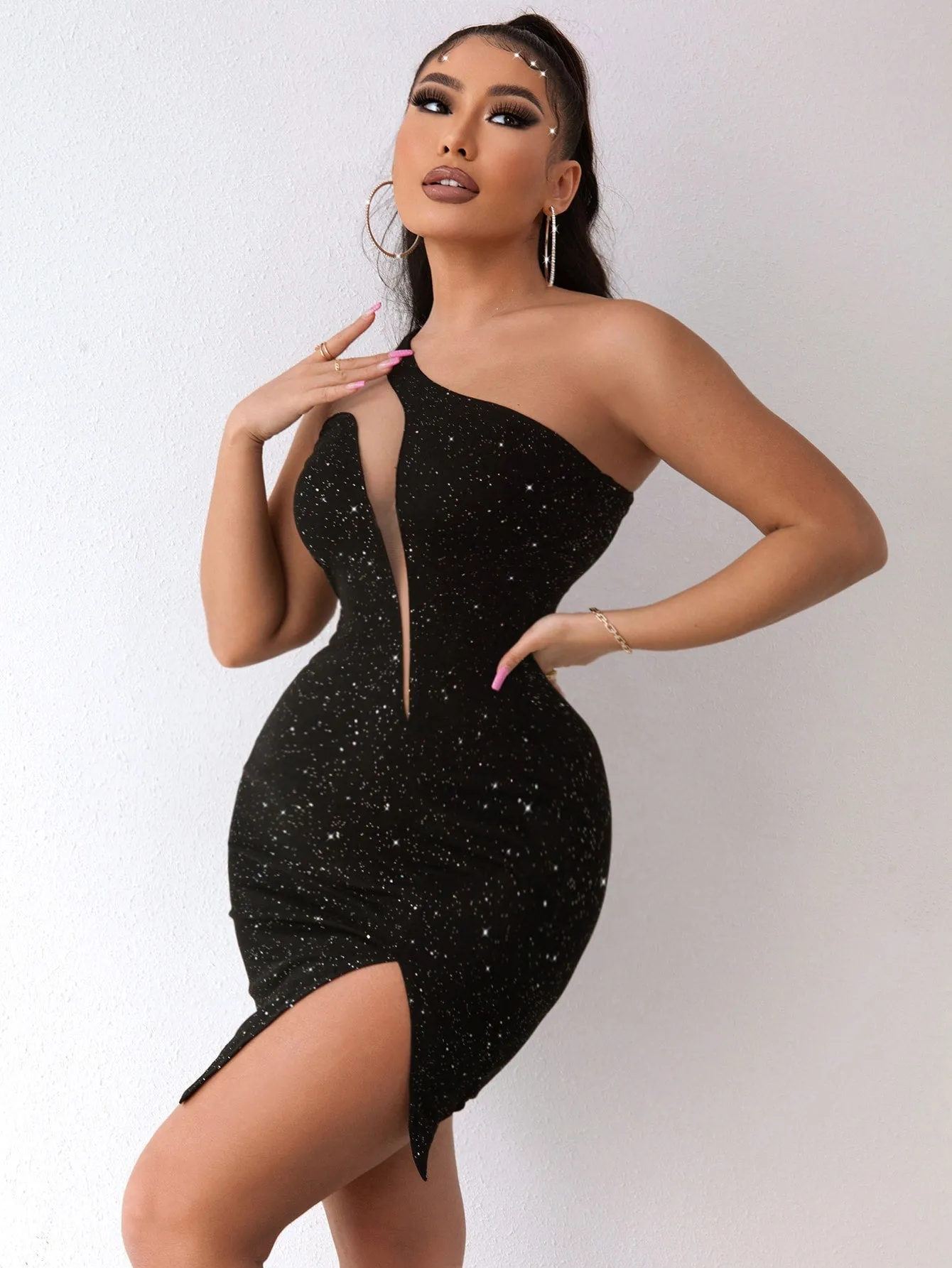 Joyfunear One Shoulder Mesh Insert Split Hem Sequin Bodycon Dress