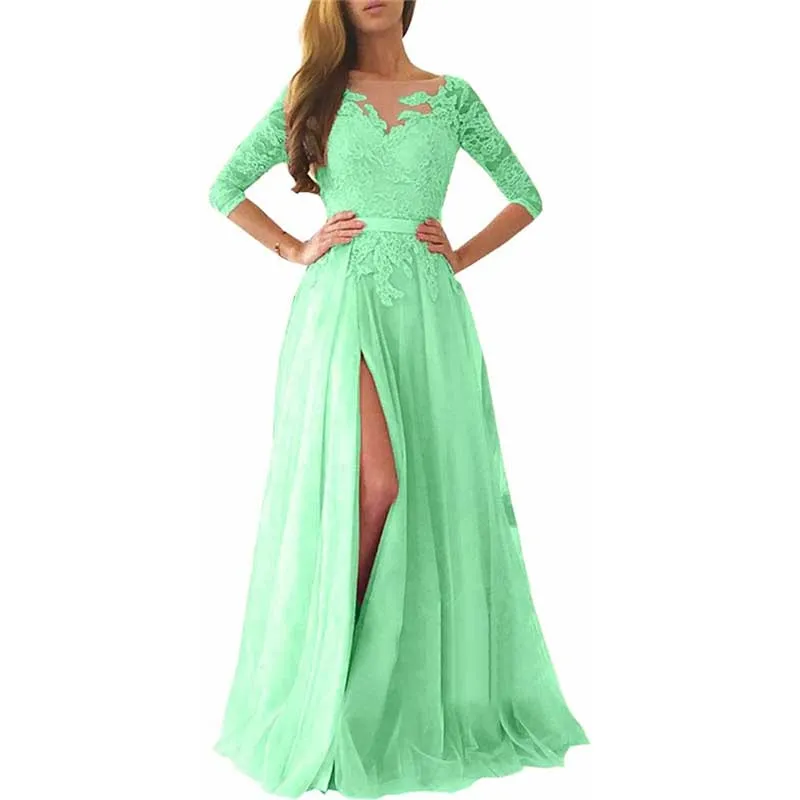Lace Appliques Evening Dress Long Prom Dress Backlesss Bridesmaid Dress 3/4 Sleeves