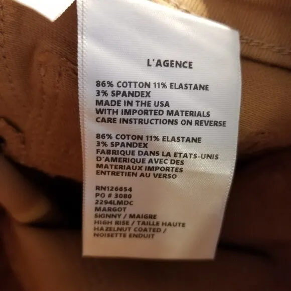 L'AGENCE Margot High Rise Skinny Jeans Coated Hazelnut Color Stretchy Size 24