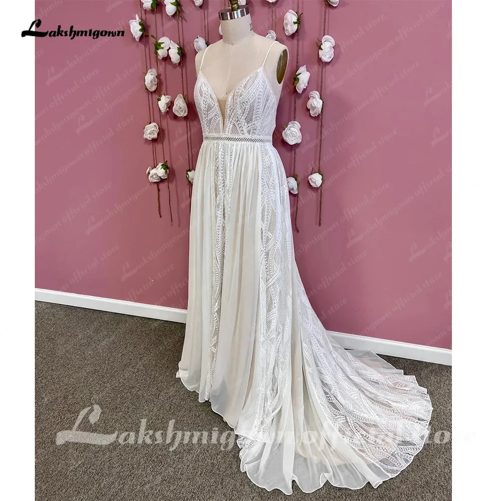 Lakshmigown Lace Chiffon A-Line Wedding Dresses Sweep Train Floor-Length V-Neck Spaghetti Straps