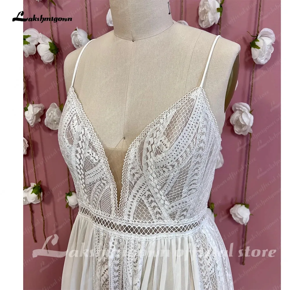 Lakshmigown Lace Chiffon A-Line Wedding Dresses Sweep Train Floor-Length V-Neck Spaghetti Straps