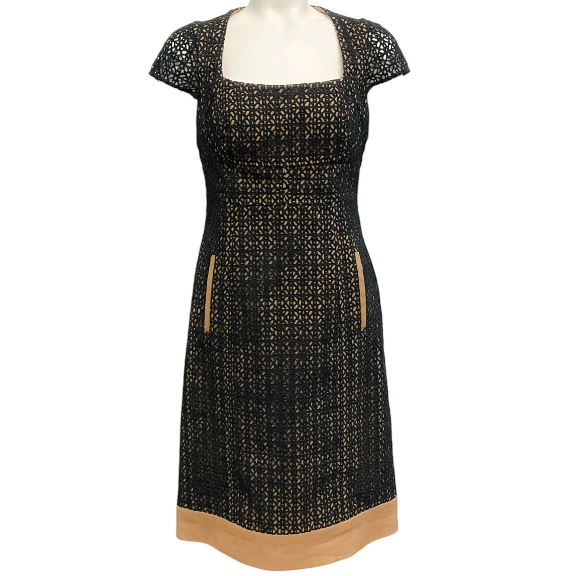 Lela Rose Black Cotton Eyelet Dress with Tan Linen Underlay