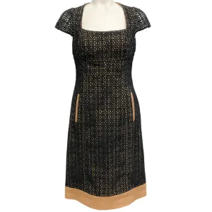 Lela Rose Black Cotton Eyelet Dress with Tan Linen Underlay