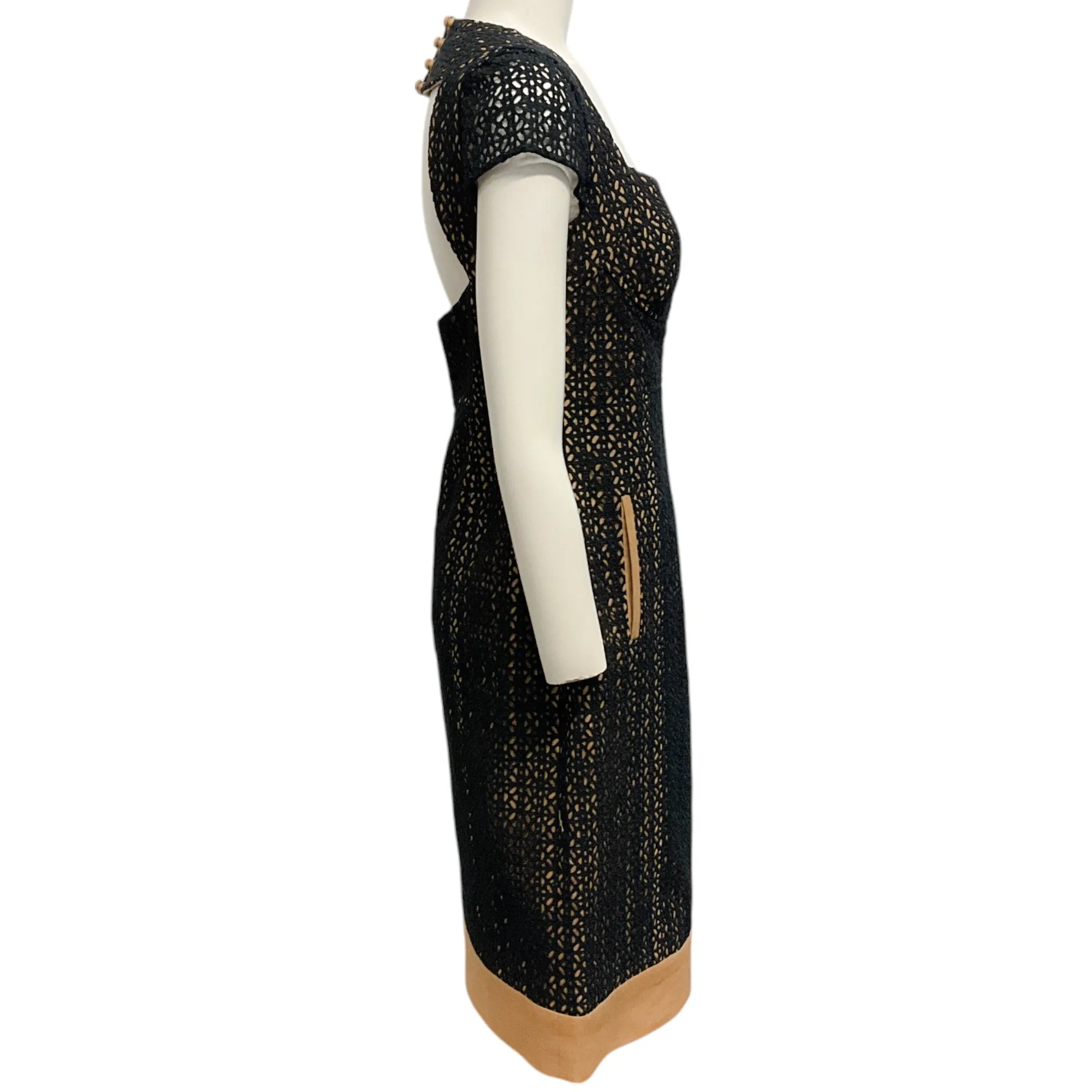 Lela Rose Black Cotton Eyelet Dress with Tan Linen Underlay