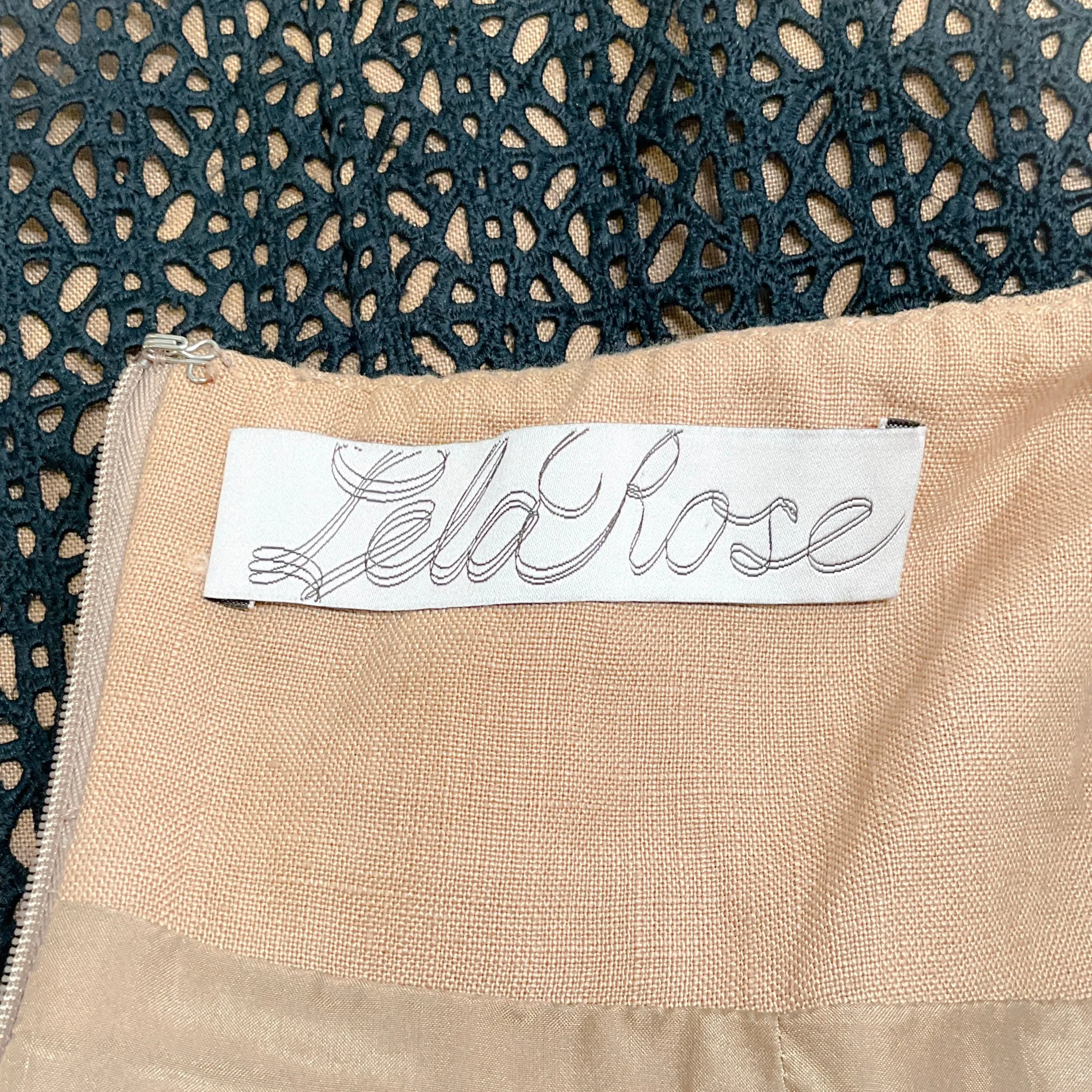 Lela Rose Black Cotton Eyelet Dress with Tan Linen Underlay