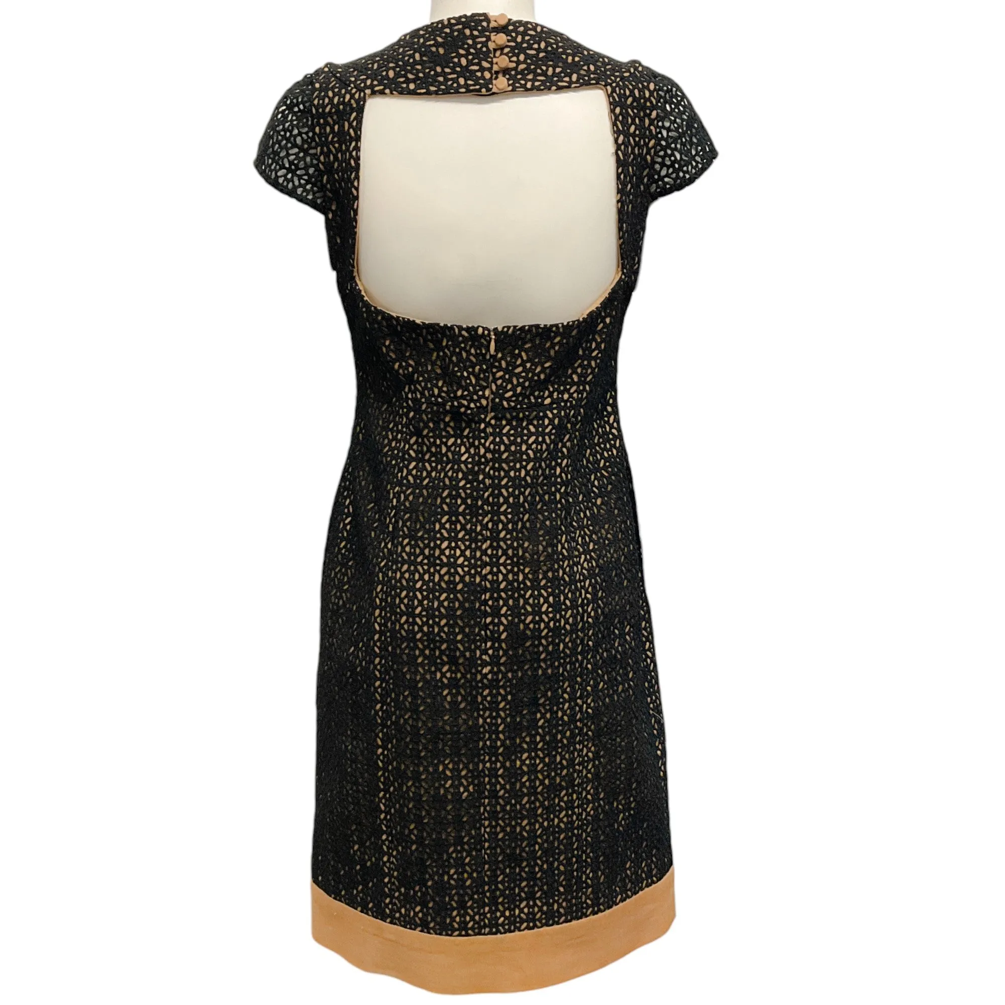 Lela Rose Black Cotton Eyelet Dress with Tan Linen Underlay