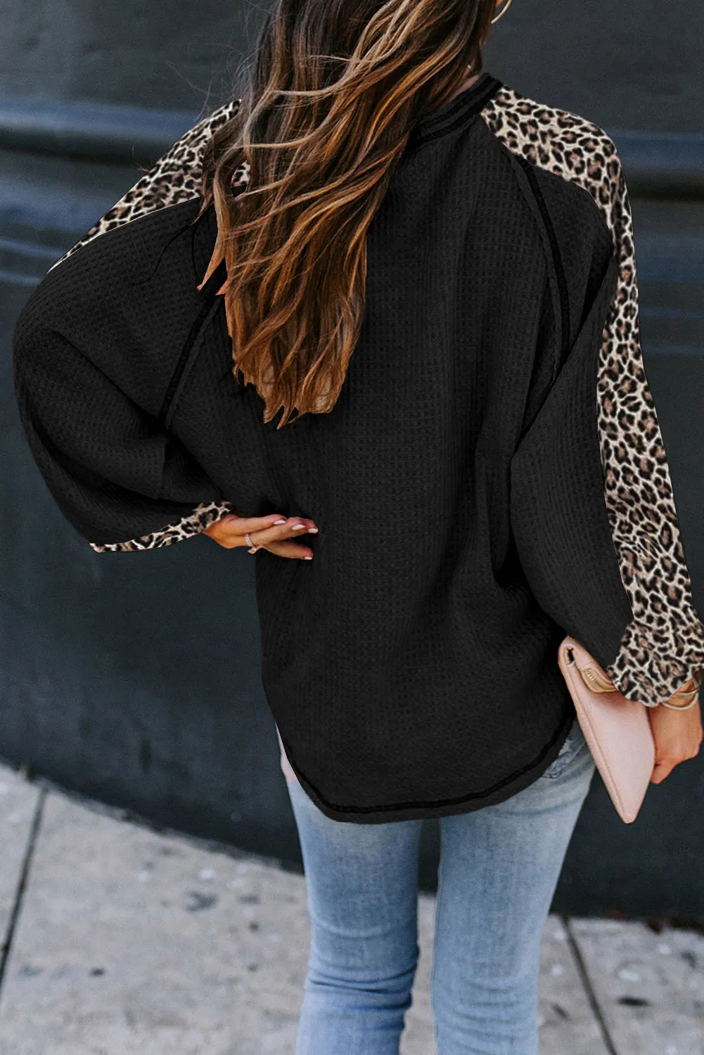Leopard Splicing Waffle Knit Blouse