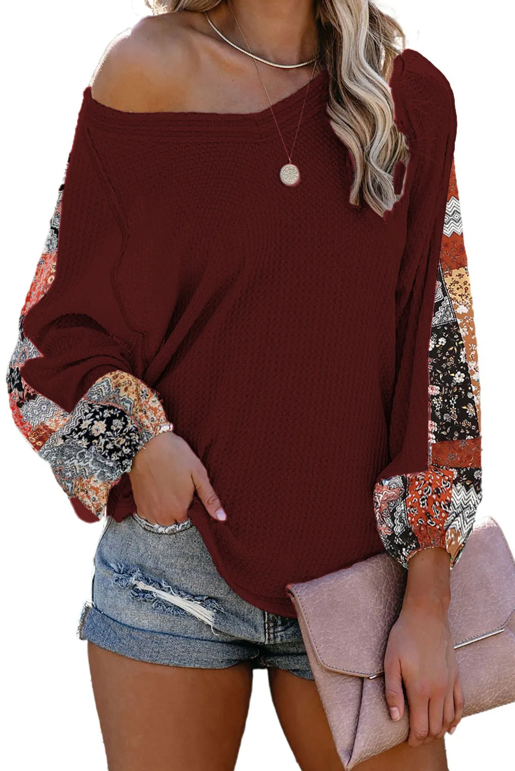 Leopard Splicing Waffle Knit Blouse