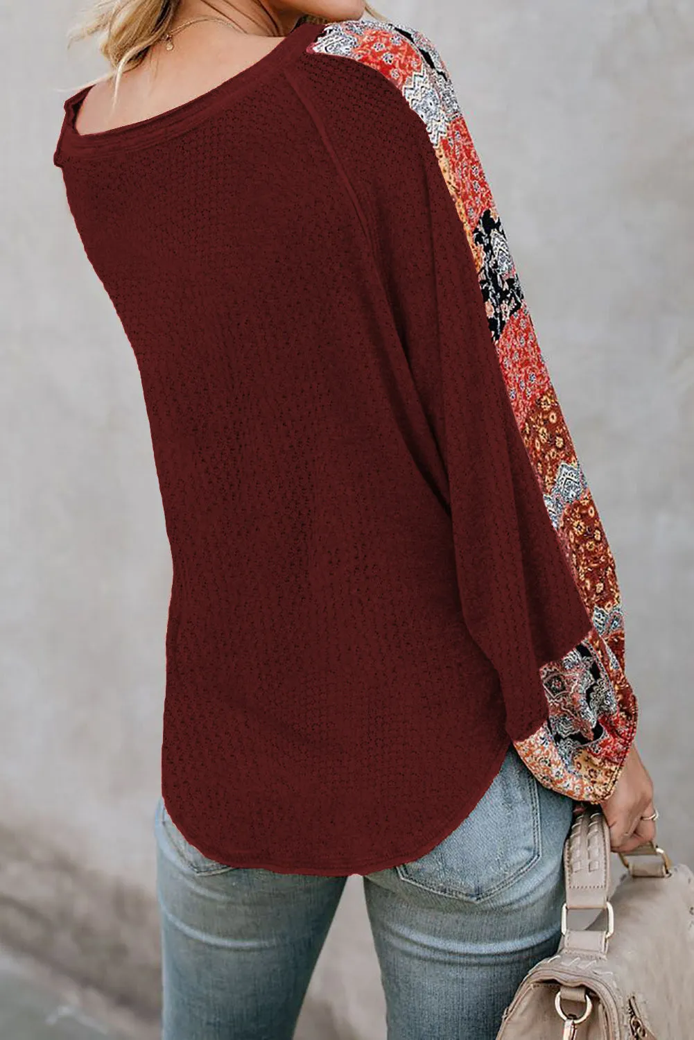 Leopard Splicing Waffle Knit Blouse