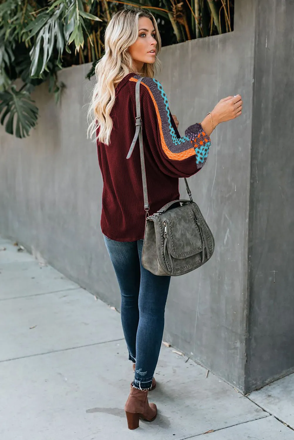 Leopard Splicing Waffle Knit Blouse
