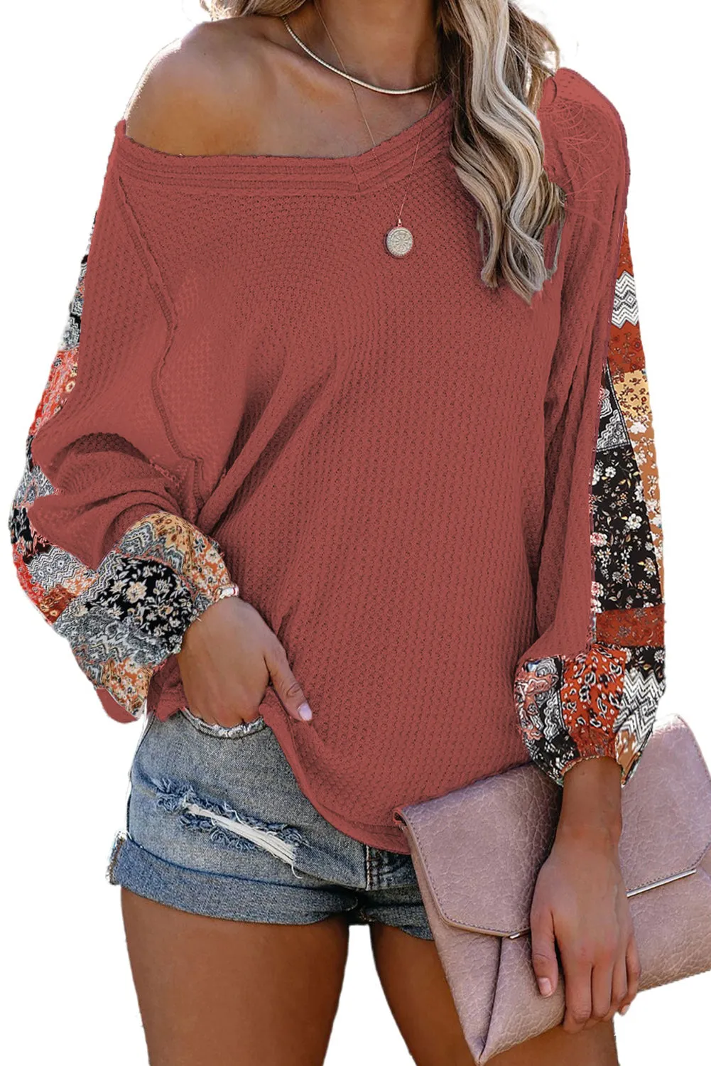 Leopard Splicing Waffle Knit Blouse