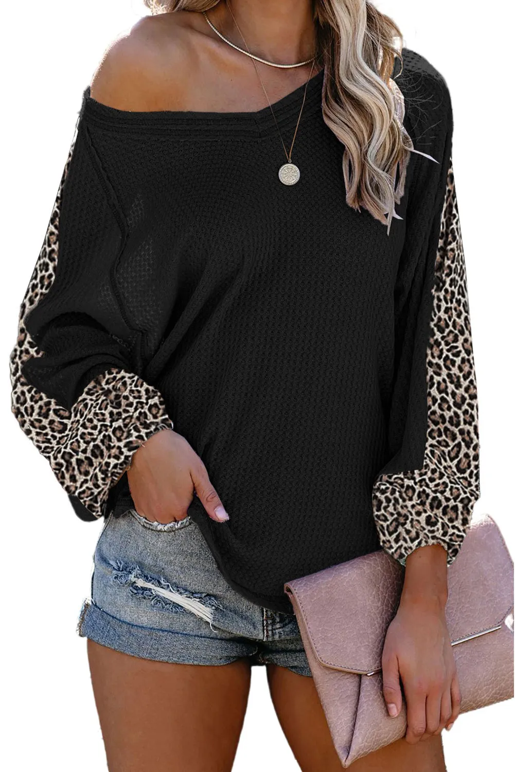 Leopard Splicing Waffle Knit Blouse