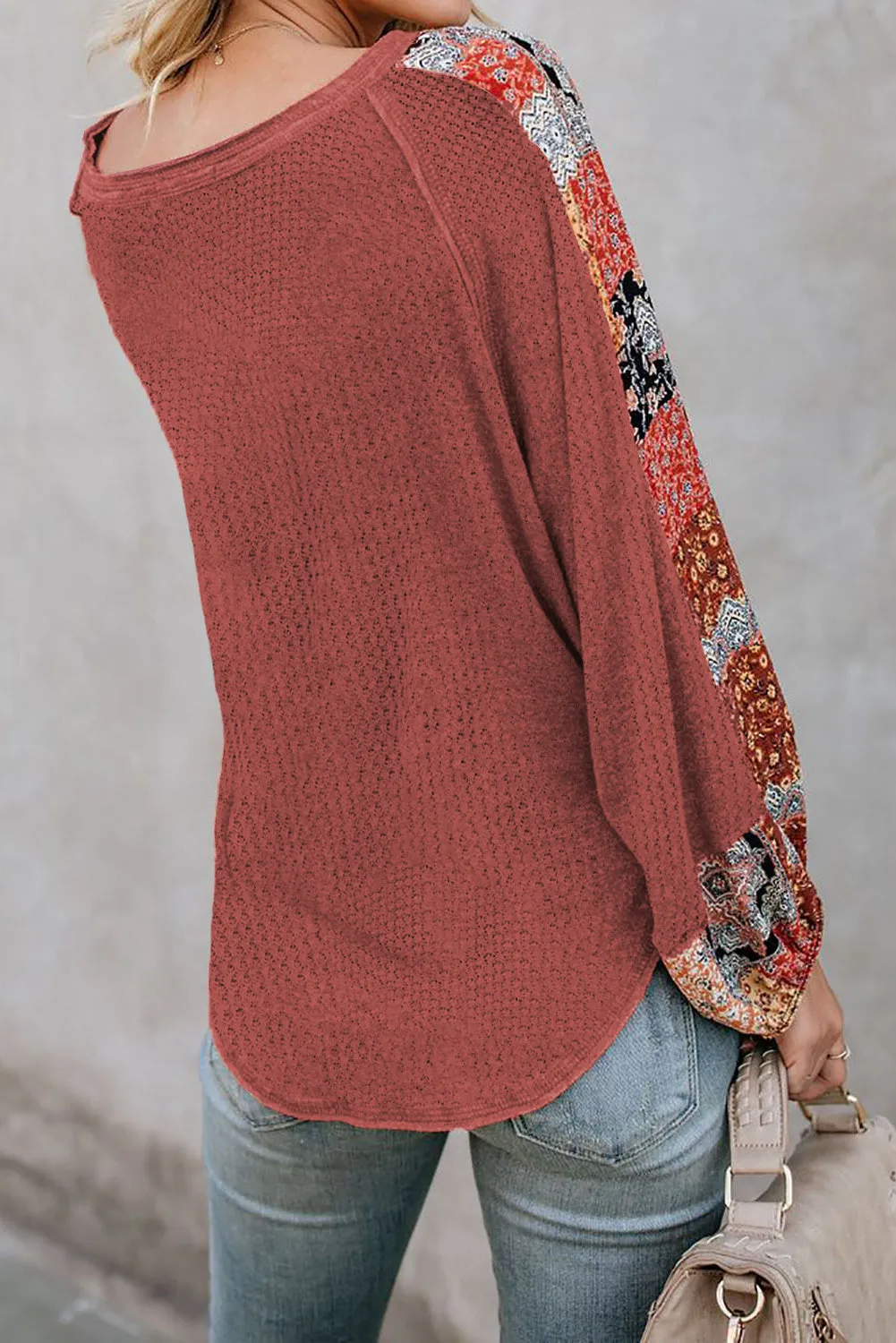 Leopard Splicing Waffle Knit Blouse