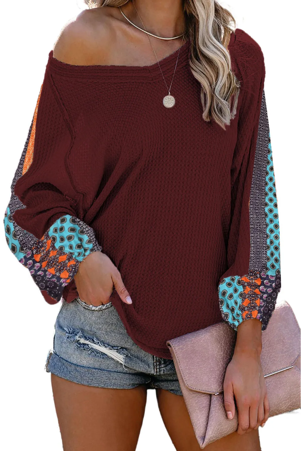 Leopard Splicing Waffle Knit Blouse