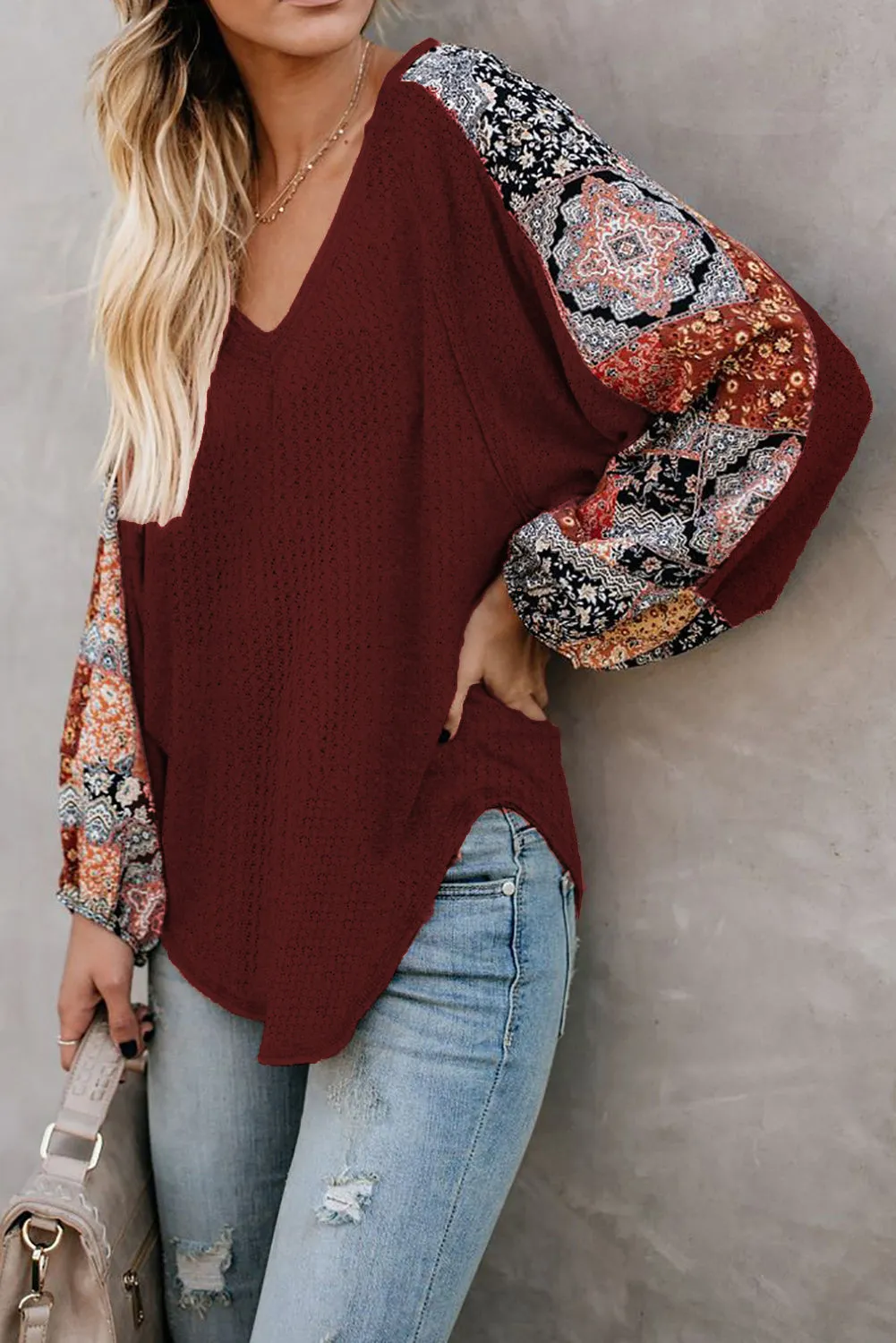 Leopard Splicing Waffle Knit Blouse