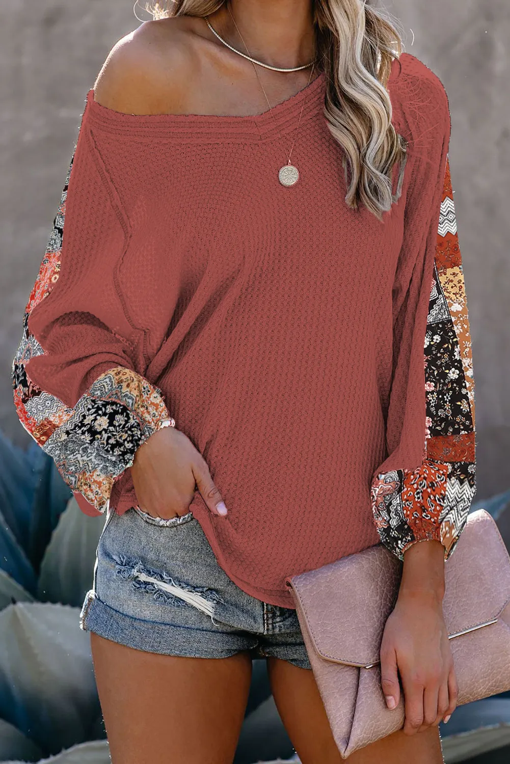 Leopard Splicing Waffle Knit Blouse