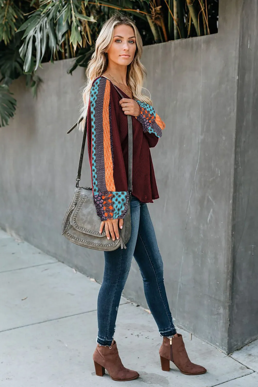 Leopard Splicing Waffle Knit Blouse