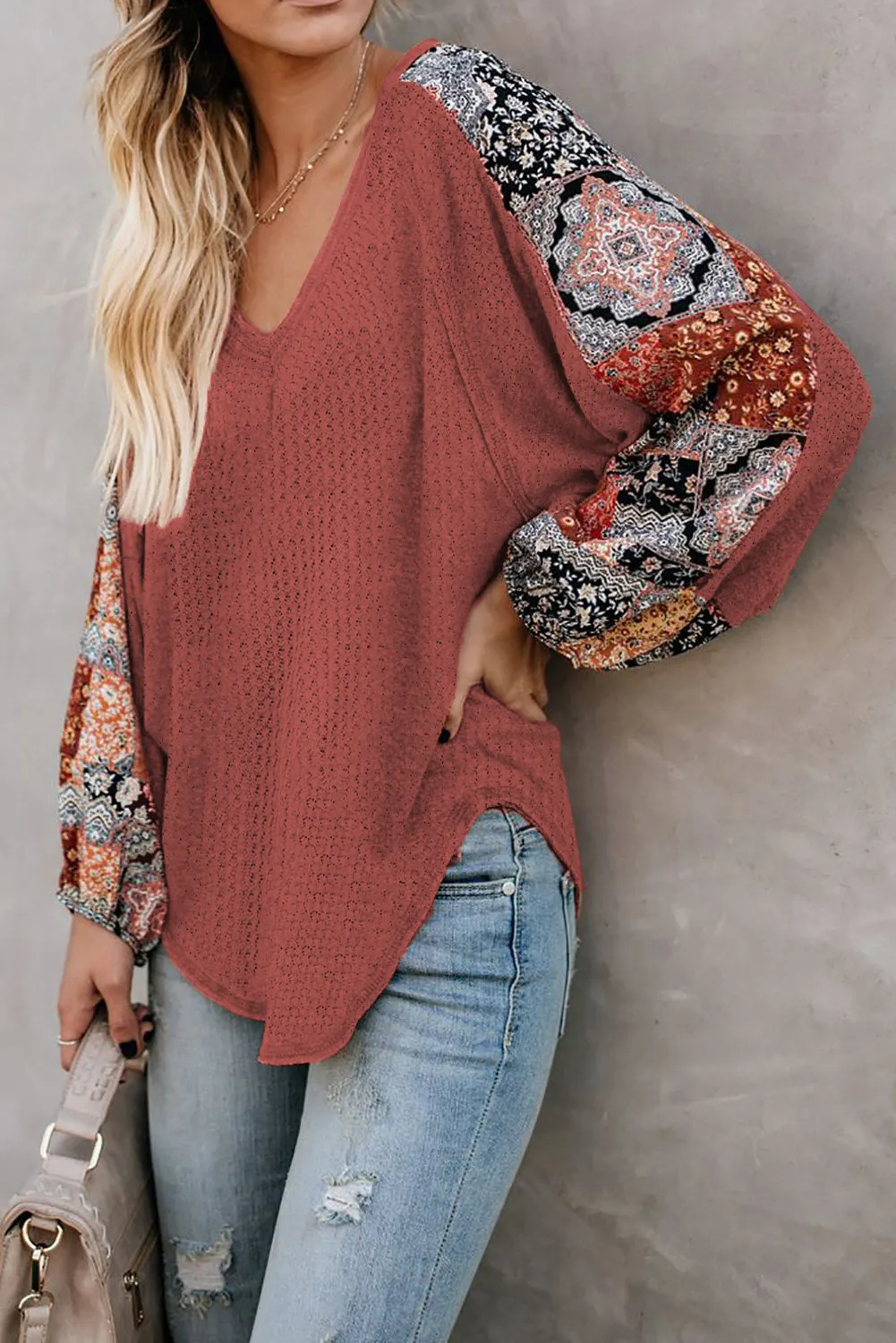 Leopard Splicing Waffle Knit Blouse