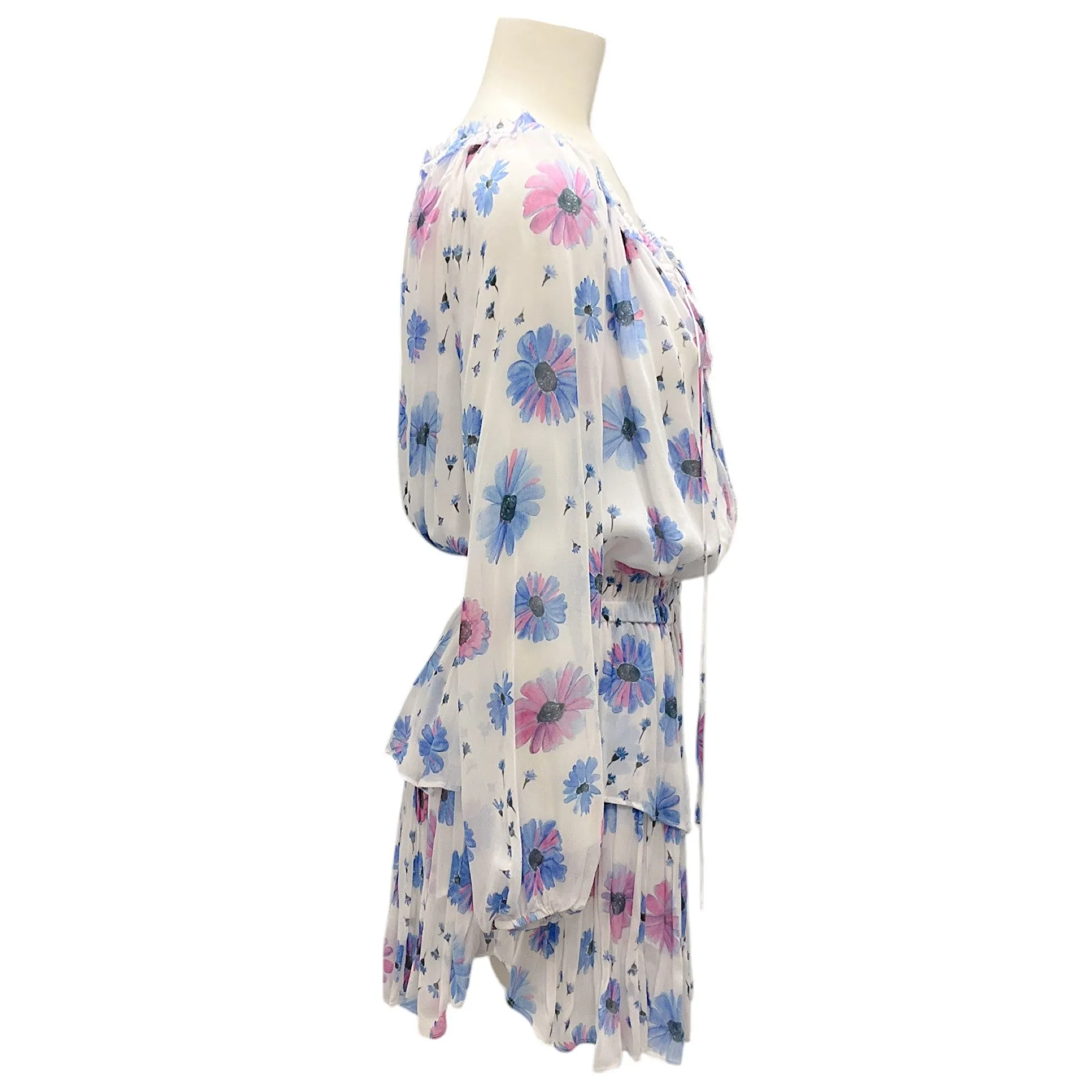LoveShackFancy White / Blue Multi Floral Chiffon Mini Dress