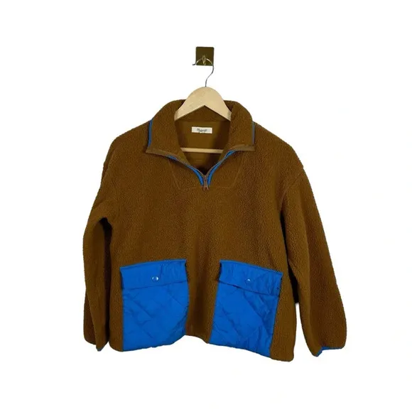 Madewell (Re)sourced Fleece Quilted Pocket Popover Jacket in Brown/Blue Size XS