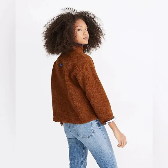 Madewell (Re)sourced Fleece Quilted Pocket Popover Jacket in Brown/Blue Size XS