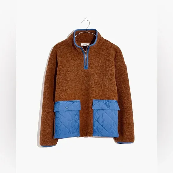 Madewell (Re)sourced Fleece Quilted Pocket Popover Jacket in Brown/Blue Size XS