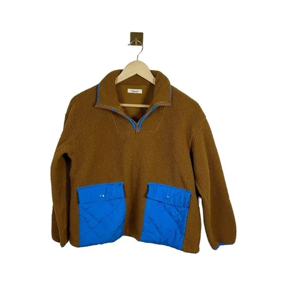 Madewell (Re)sourced Fleece Quilted Pocket Popover Jacket in Brown/Blue Size XS