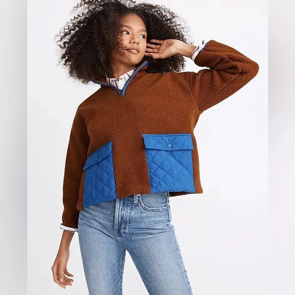 Madewell (Re)sourced Fleece Quilted Pocket Popover Jacket in Brown/Blue Size XS