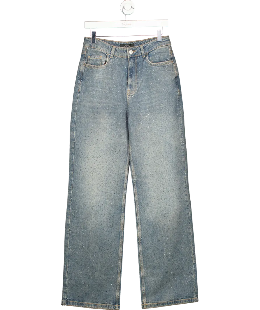MANGO Blue Straight-fit Jeans With Rhinestone Detail UK 8