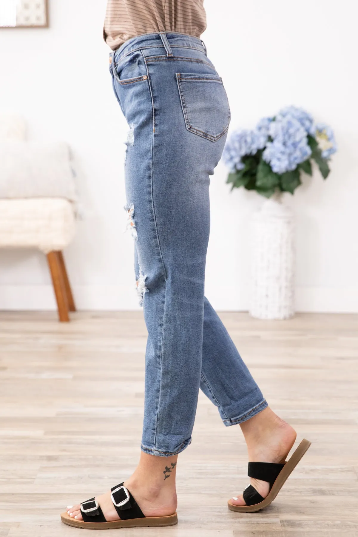 Medium Wash Cuffed Boyfriend Fit Jeans