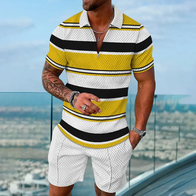 Men's contrast stripe print POLO two-piece suit