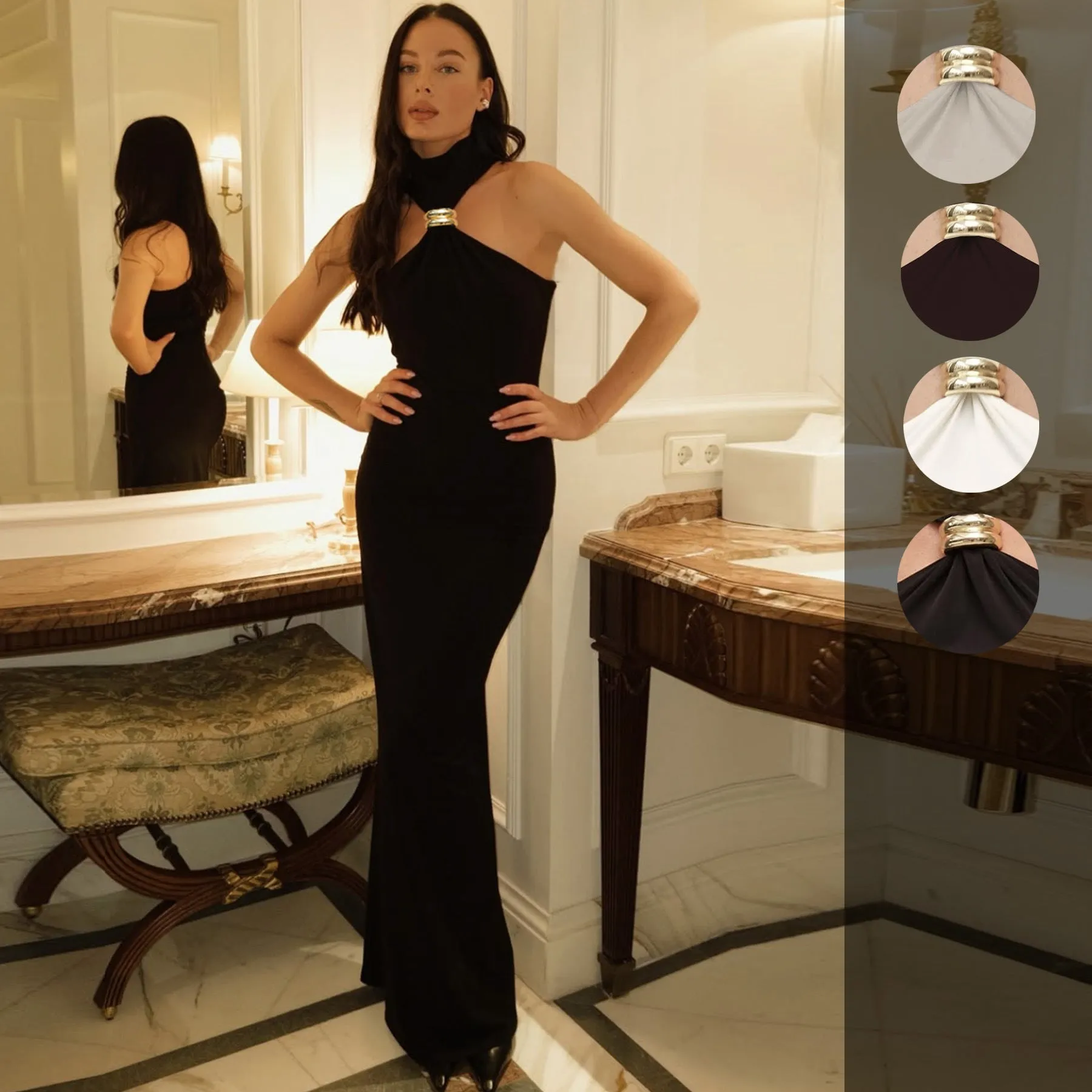 Metal Button Slim Fit Long Dress