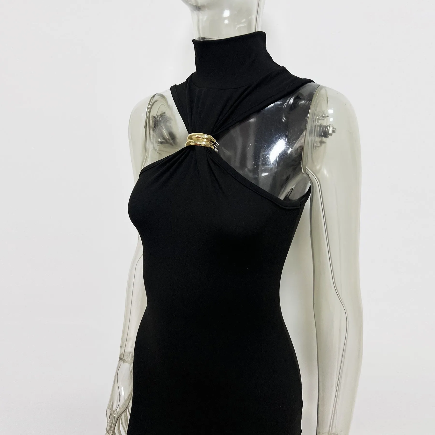 Metal Button Slim Fit Long Dress