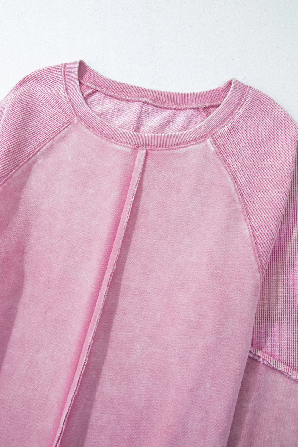 Mineral Blue Solid Waffle Knit Patchwork Raglan Sleeve Sweatshirt