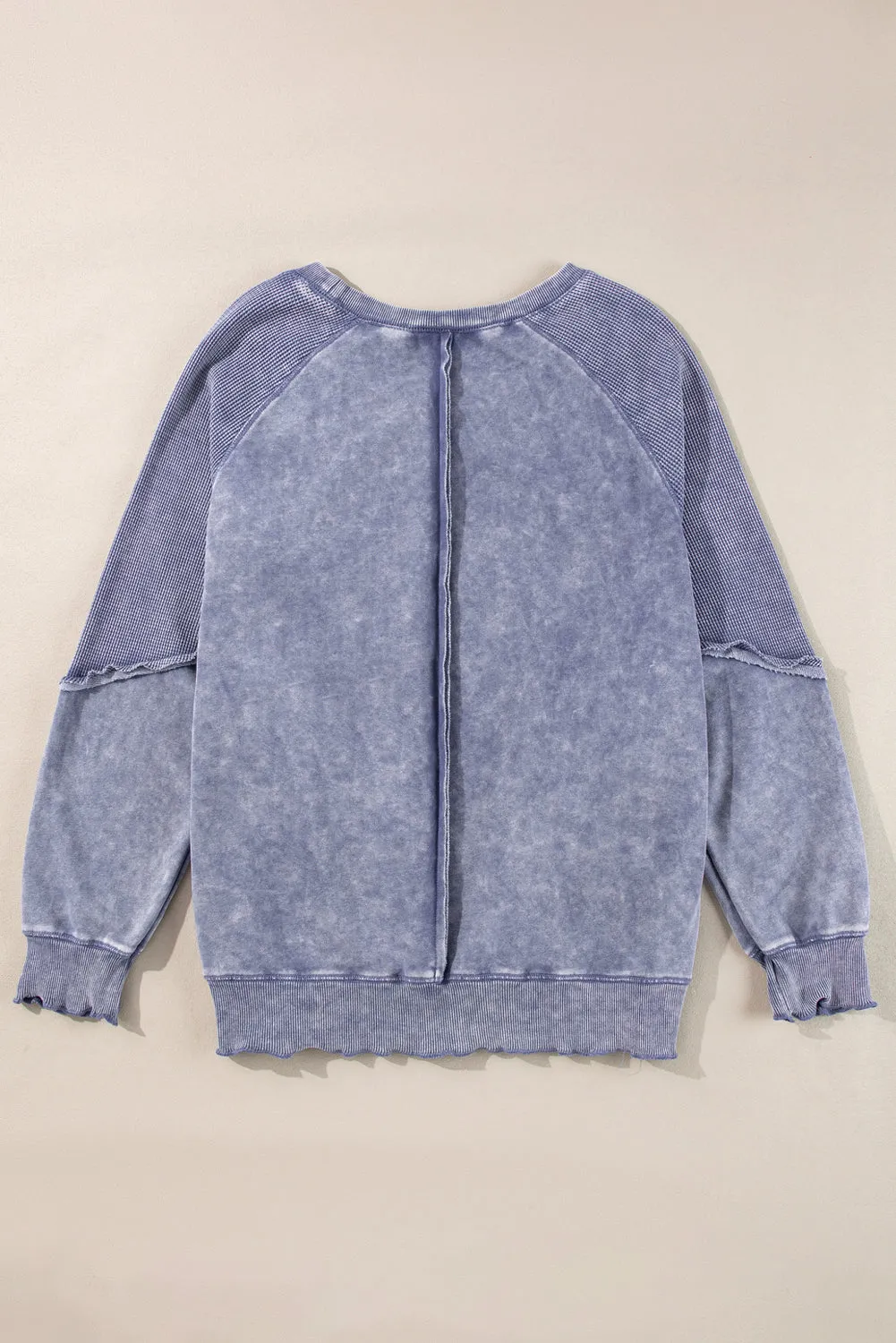 Mineral Blue Solid Waffle Knit Patchwork Raglan Sleeve Sweatshirt
