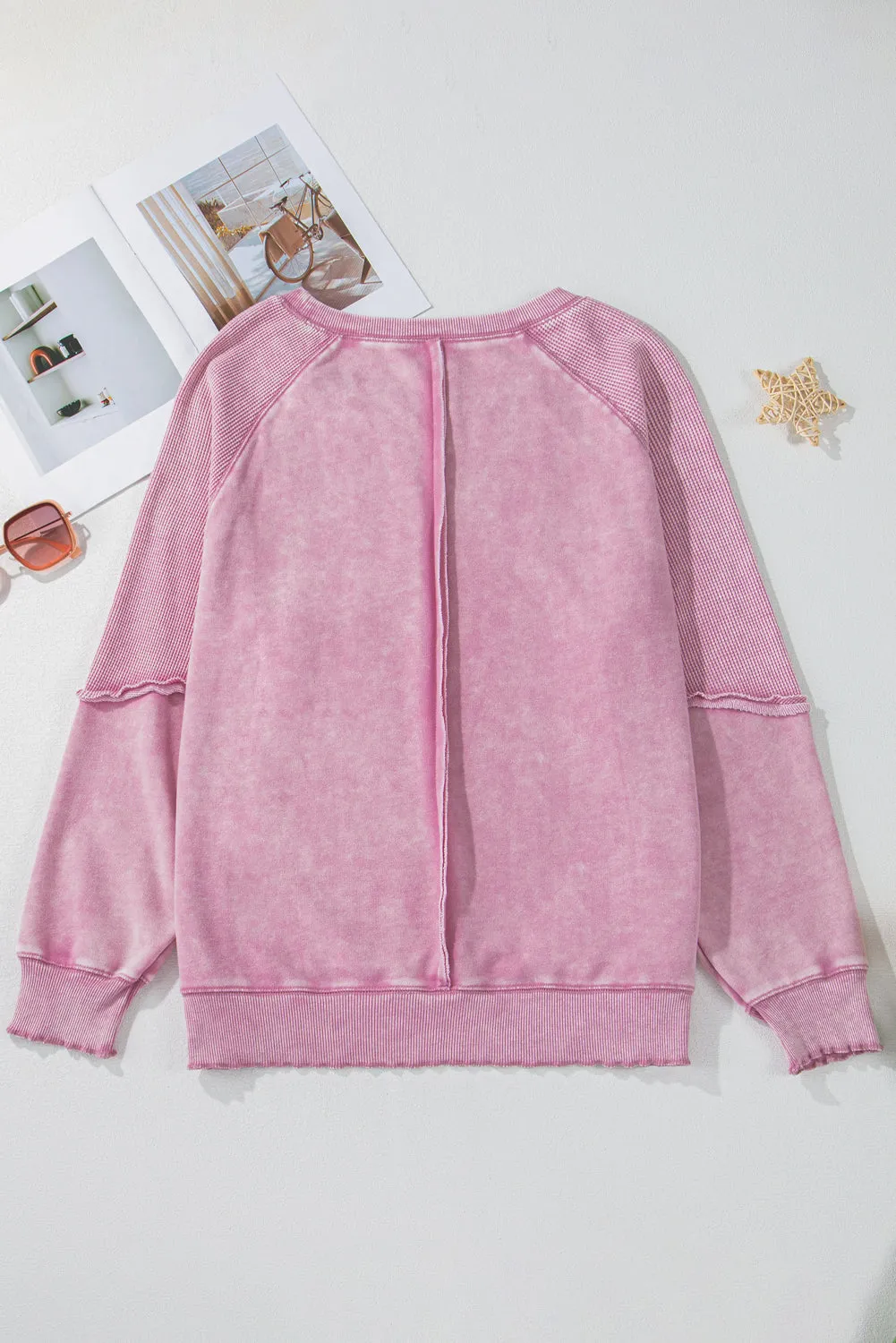 Mineral Blue Solid Waffle Knit Patchwork Raglan Sleeve Sweatshirt