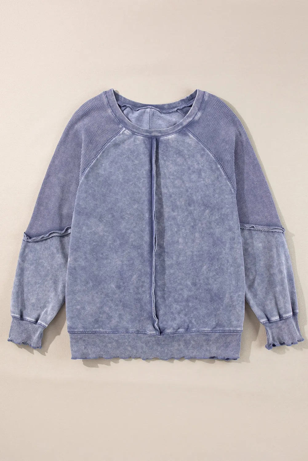 Mineral Blue Solid Waffle Knit Patchwork Raglan Sleeve Sweatshirt