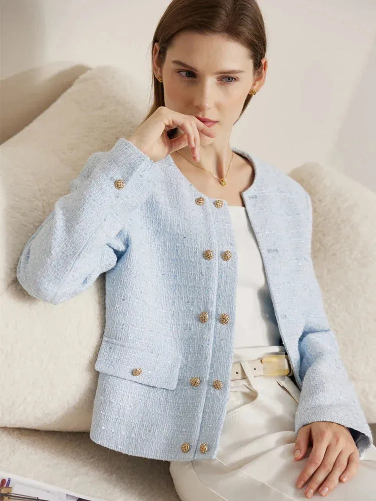 Minimalist Women's Jacket – Spring Collection, Elegant Round Neck, Straight Shoulder, Light Tuxedo-Style Short Coat