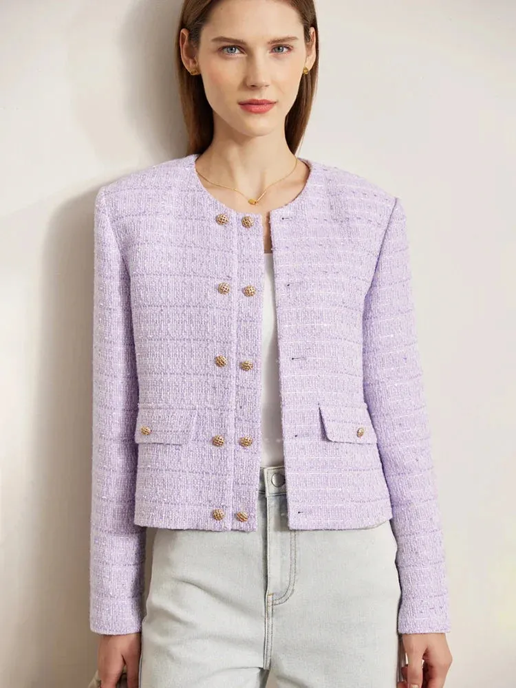 Minimalist Women's Jacket – Spring Collection, Elegant Round Neck, Straight Shoulder, Light Tuxedo-Style Short Coat