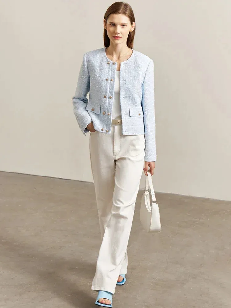 Minimalist Women's Jacket – Spring Collection, Elegant Round Neck, Straight Shoulder, Light Tuxedo-Style Short Coat
