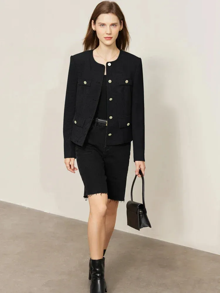 Minimalist Women's Jacket – Spring Collection, Elegant Round Neck, Straight Shoulder, Light Tuxedo-Style Short Coat