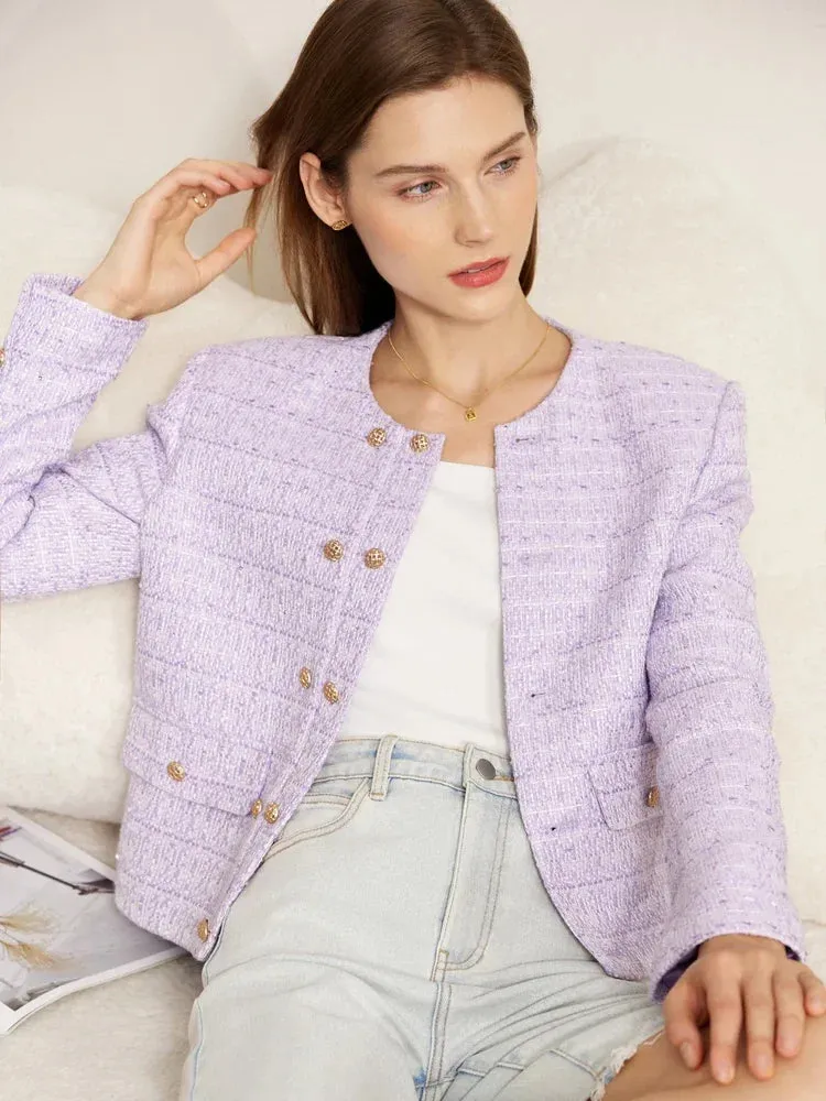 Minimalist Women's Jacket – Spring Collection, Elegant Round Neck, Straight Shoulder, Light Tuxedo-Style Short Coat