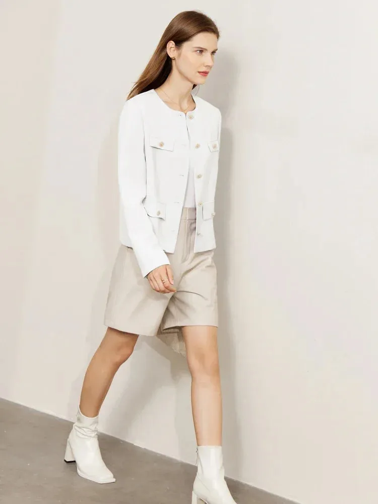 Minimalist Women's Jacket – Spring Collection, Elegant Round Neck, Straight Shoulder, Light Tuxedo-Style Short Coat
