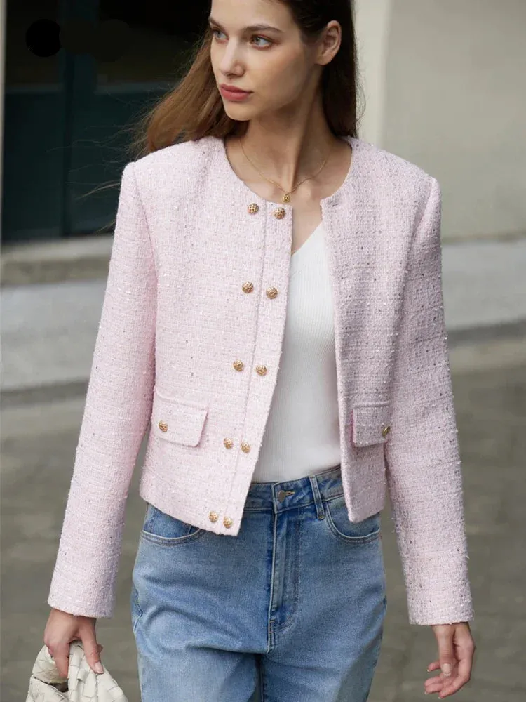 Minimalist Women's Jacket – Spring Collection, Elegant Round Neck, Straight Shoulder, Light Tuxedo-Style Short Coat