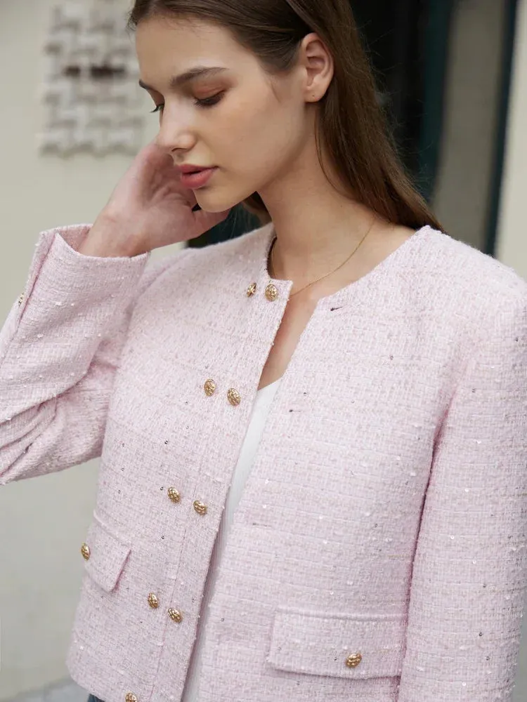 Minimalist Women's Jacket – Spring Collection, Elegant Round Neck, Straight Shoulder, Light Tuxedo-Style Short Coat