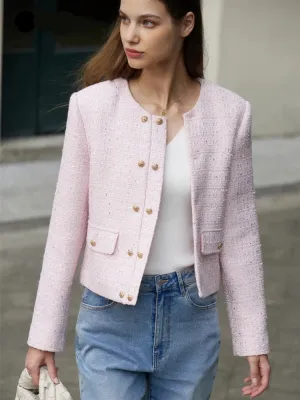 Minimalist Women's Jacket – Spring Collection, Elegant Round Neck, Straight Shoulder, Light Tuxedo-Style Short Coat